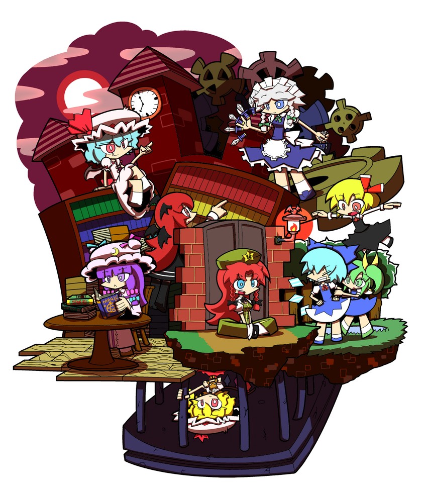 remilia scarlet, flandre scarlet, izayoi sakuya, cirno, patchouli knowledge, and 4 more (touhou and 1 more) drawn by kuchibashi_(9180)