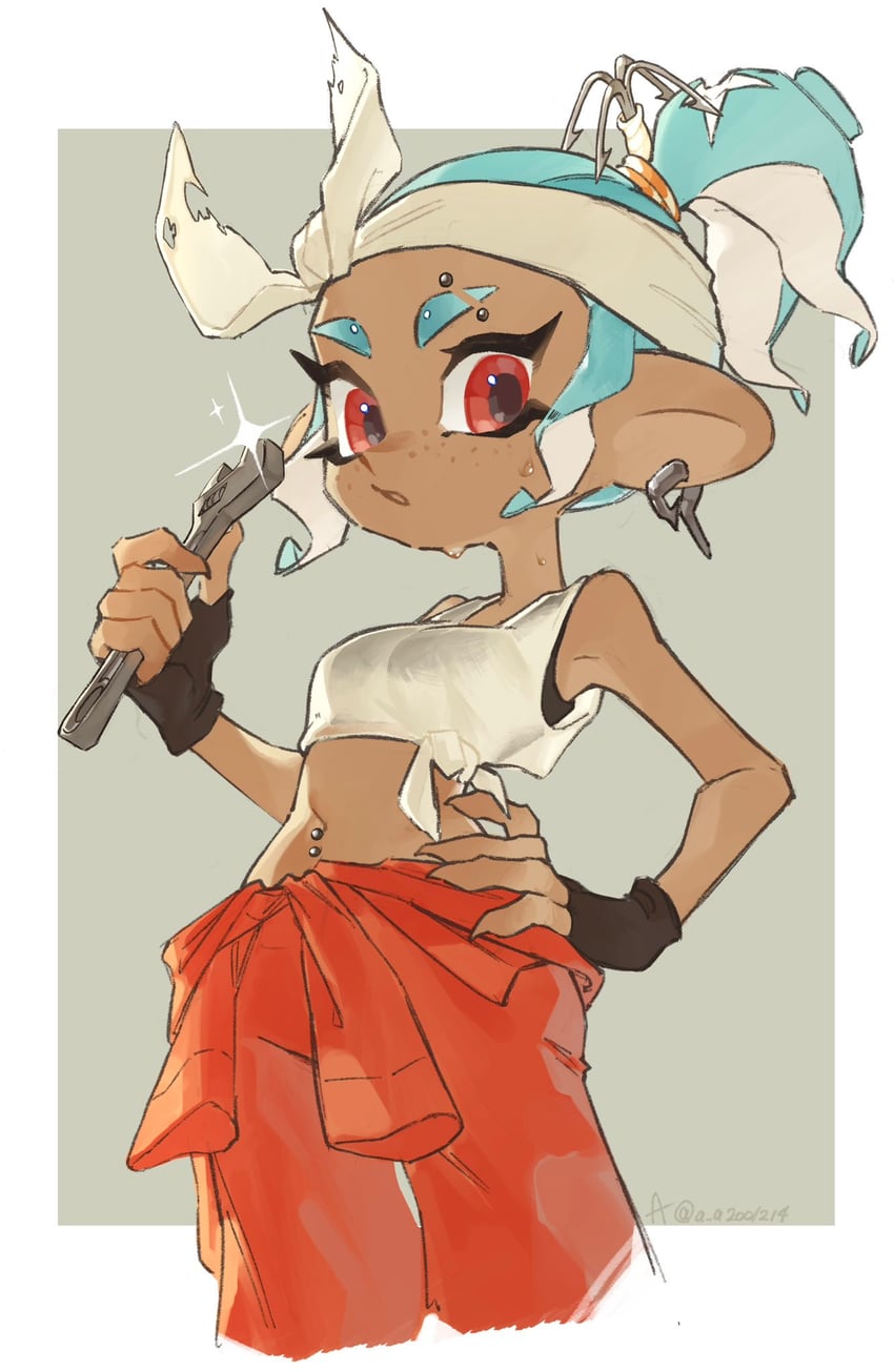 octoling player character, octoling girl, and mechanic (splatoon and 1 more) drawn by a_a2001214