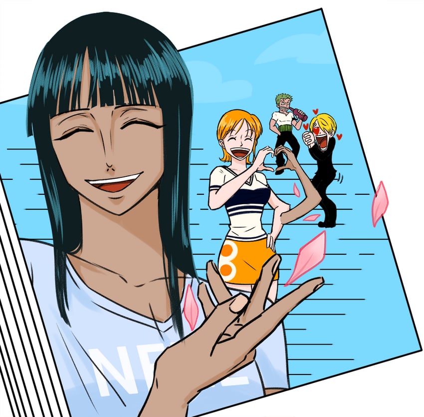 nami, nico robin, roronoa zoro, and sanji (one piece) drawn by i_neze_i