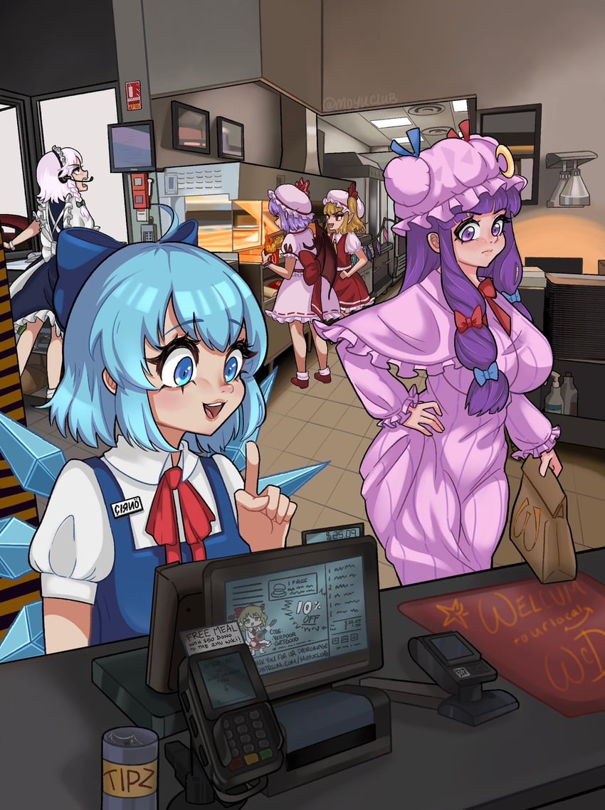 remilia scarlet, flandre scarlet, izayoi sakuya, cirno, patchouli knowledge, and 1 more (touhou and 1 more) drawn by moyumie