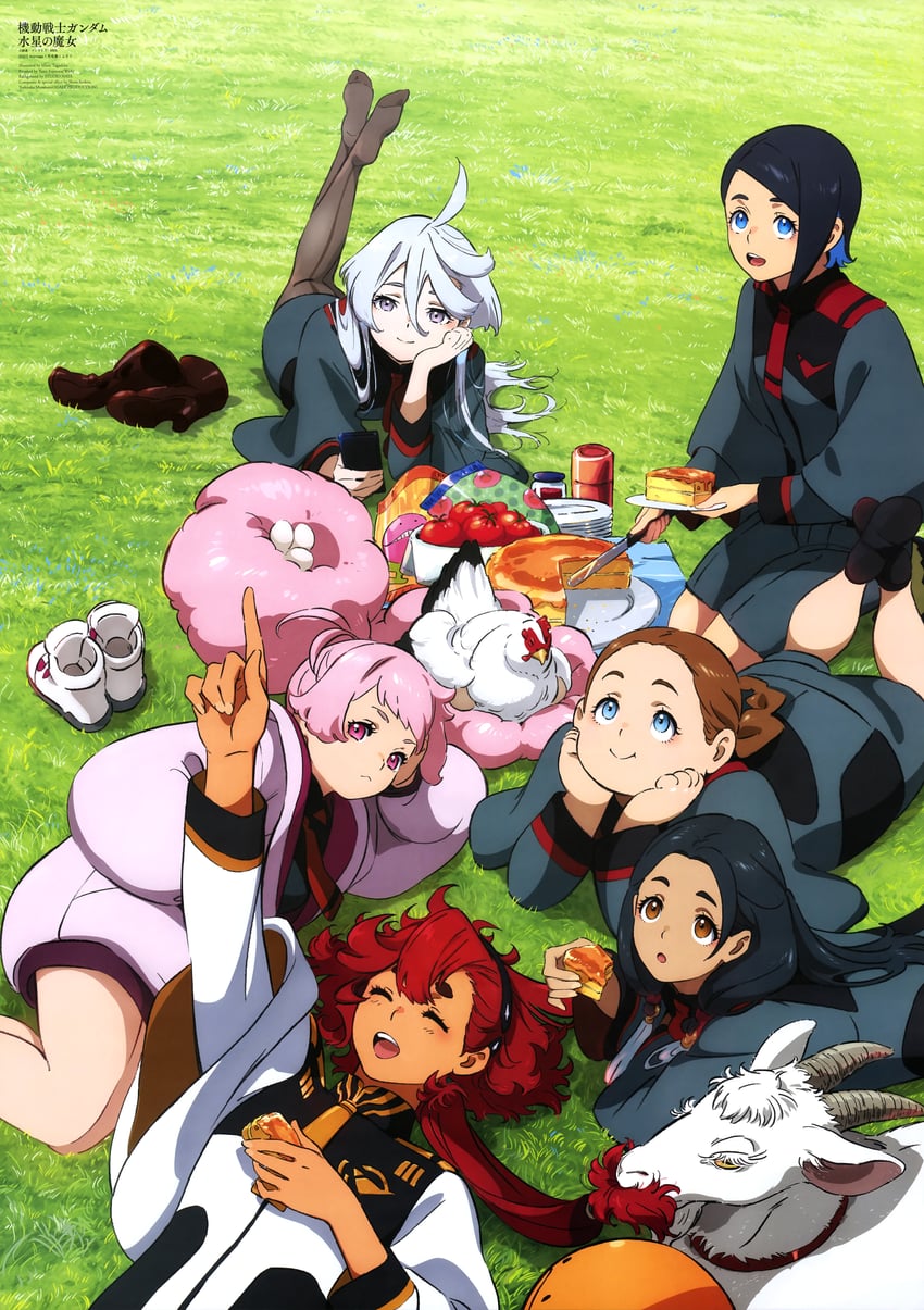 suletta mercury, miorine rembran, haro, chuatury panlunch, nika nanaura, and 2 more (gundam and 1 more) drawn by tagashira_marie