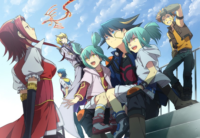fudo yusei, izayoi aki, jack atlas, bruno, luca, and 3 more (yu-gi-oh! and 1 more) drawn by abaraya