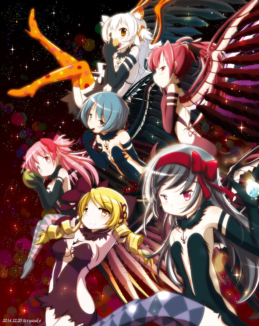 akemi homura, kaname madoka, miki sayaka, sakura kyoko, tomoe mami, and 3 more (mahou shoujo madoka magica and 1 more) drawn by chauke