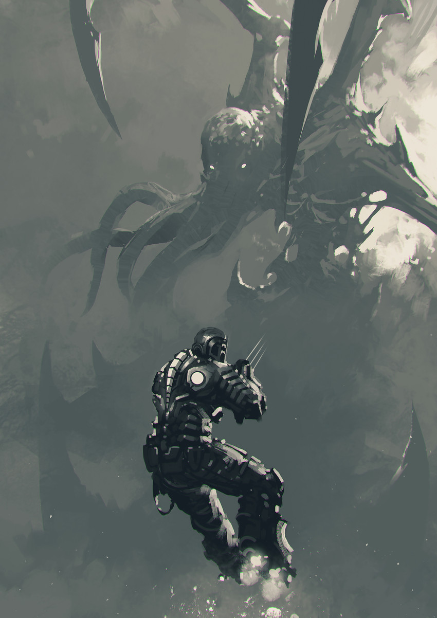 cthulhu and isaac clarke (cthulhu mythos and 1 more) drawn by kalmahul