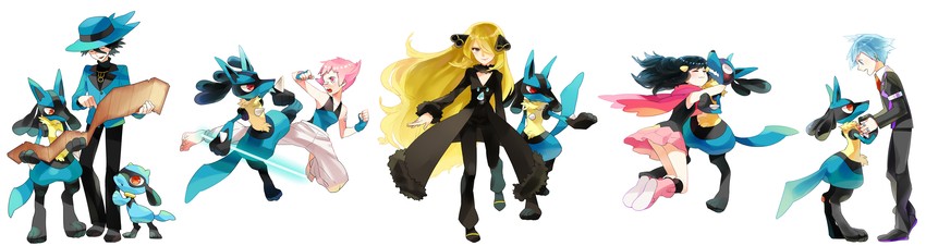 dawn, cynthia, lucario, steven stone, riolu, and 2 more (pokemon and 2 more) drawn by gum_(gmng)