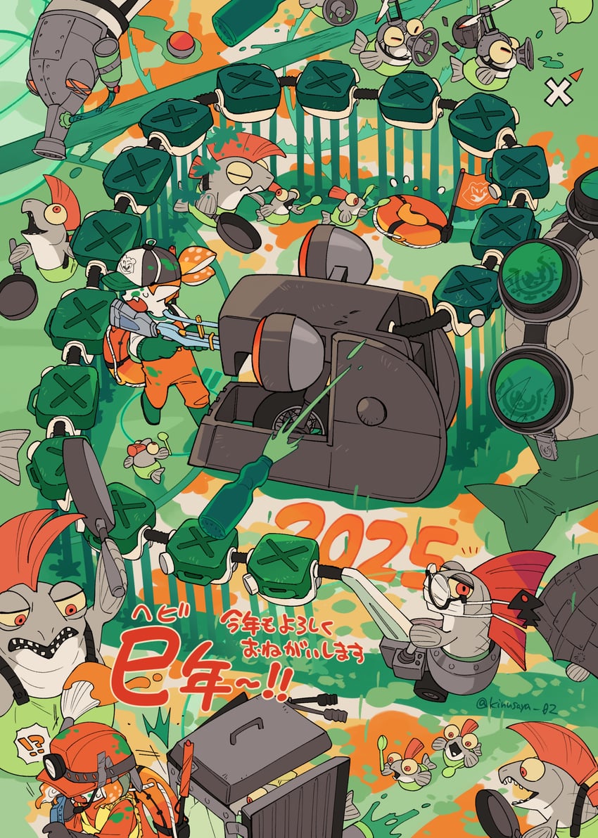 inkling player character, smallfry, chum, steelhead, cohock, and 5 more (splatoon and 1 more) drawn by kinusaya_endow