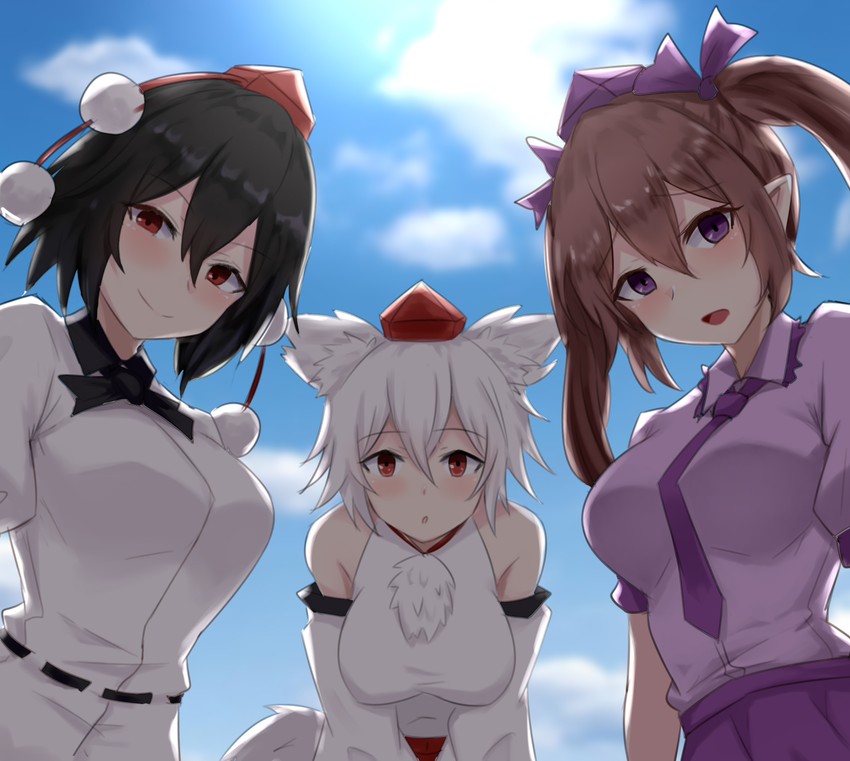 shameimaru aya, inubashiri momiji, and himekaidou hatate (touhou) drawn by wuwusan