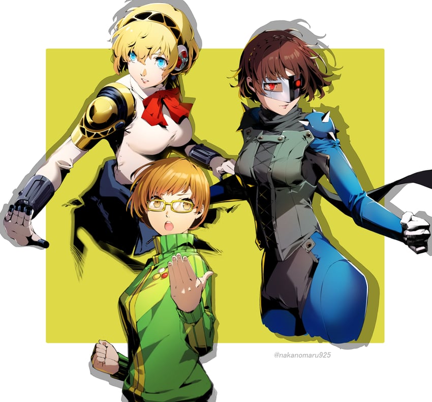 satonaka chie, aigis, and niijima makoto (persona and 3 more) drawn by nakano_maru