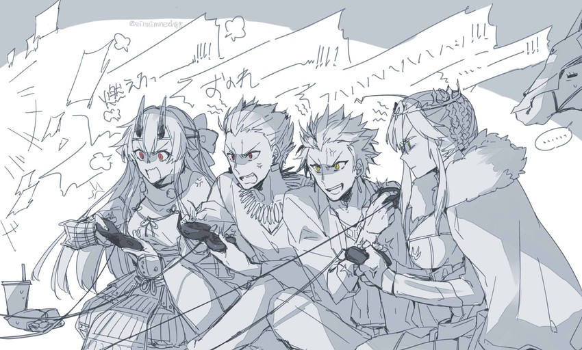artoria pendragon, tomoe gozen, gilgamesh, ozymandias, lion king, and 1 more (fate and 1 more) drawn by 88_(einnimnech)