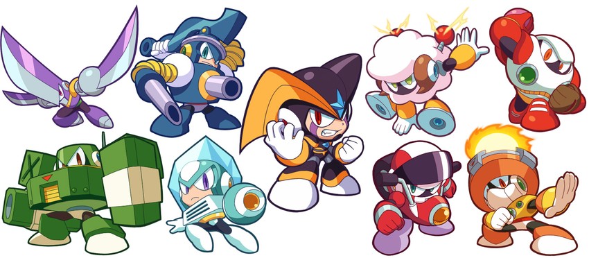 bass, sheep man, nitro man, commando man, chill man, and 4 more (mega man and 2 more) drawn by kin_niku