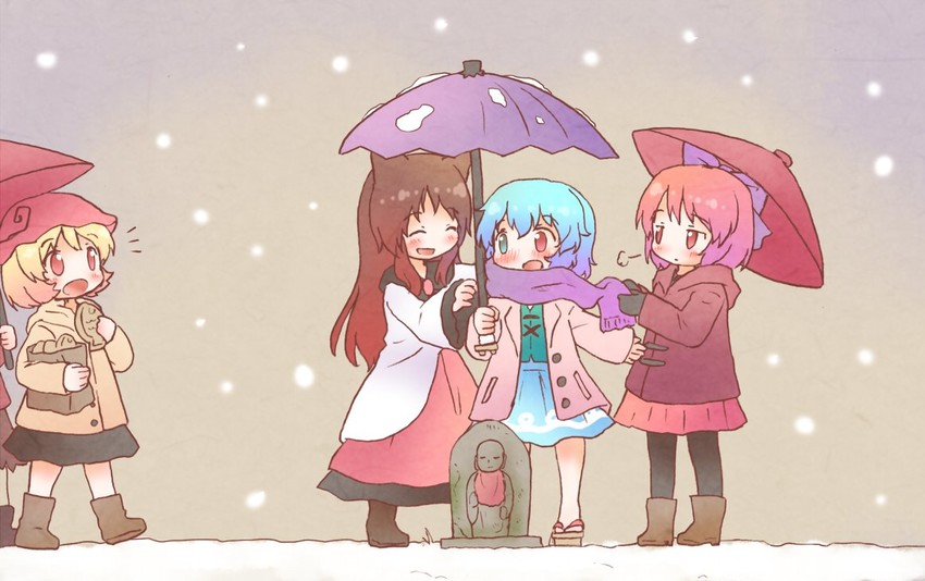 tatara kogasa, imaizumi kagerou, sekibanki, aki minoriko, and aki shizuha (touhou) drawn by arinu