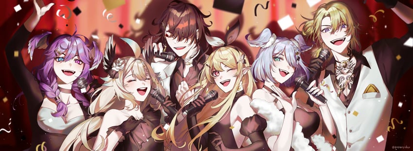 elira pendora, selen tatsuki, pomu rainpuff, enna alouette, vox akuma, and 1 more (nijisanji and 1 more) drawn by papercider