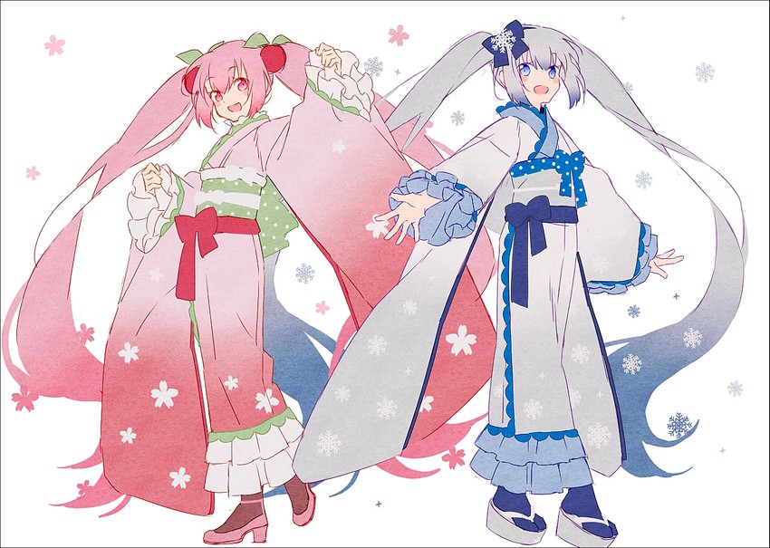 hatsune miku, yuki miku, and sakura miku (vocaloid) drawn by hakusai_(tiahszld)