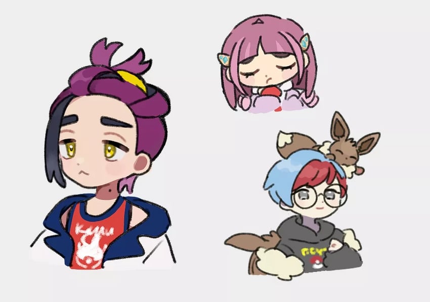 eevee, kieran, penny, and lacey (pokemon and 1 more) drawn by eneko_(olavcnkrpucl16a)