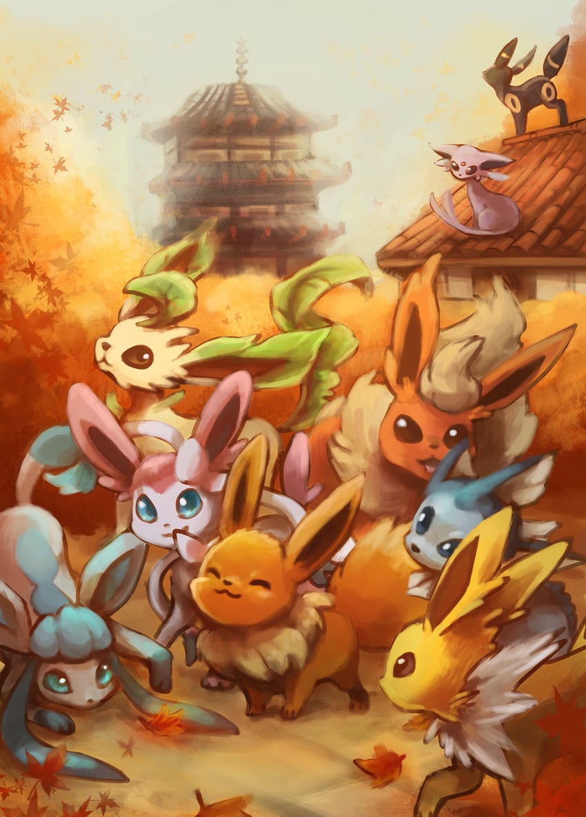 eevee, sylveon, umbreon, glaceon, vaporeon, and 4 more (pokemon) drawn by foxeaf