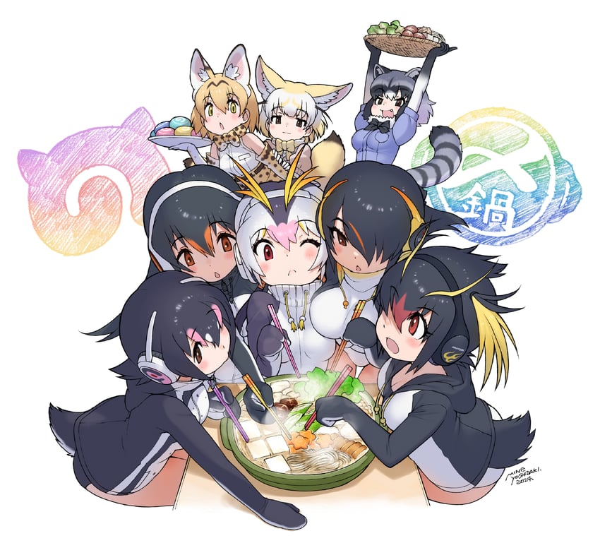 serval, common raccoon, fennec, emperor penguin, humboldt penguin, and 3 more (kemono friends) drawn by yoshizaki_mine