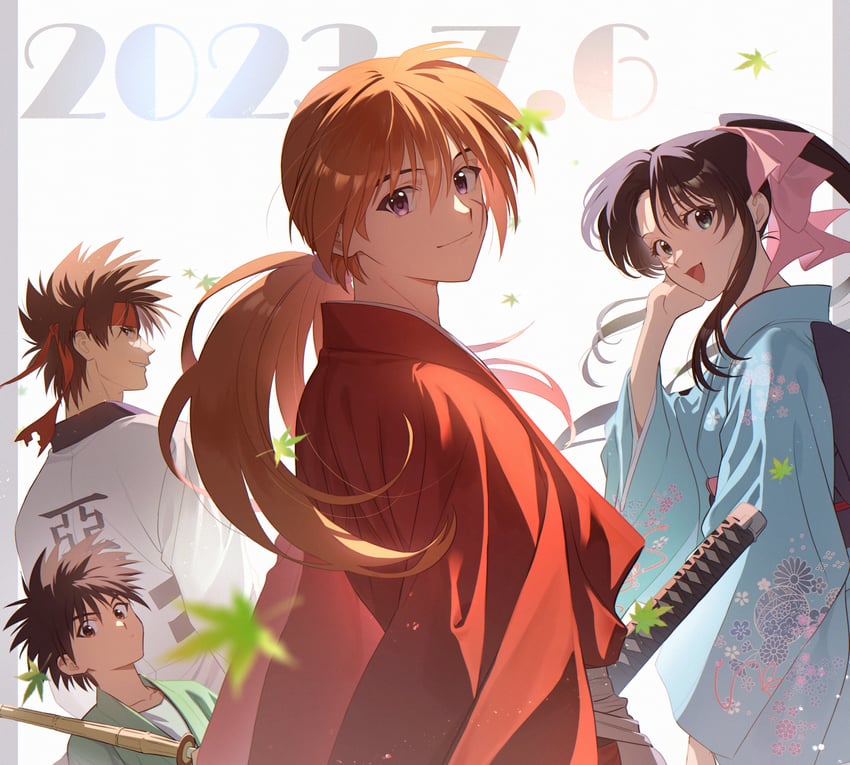 himura kenshin, kamiya kaoru, sagara sanosuke, and myoujin yahiko (rurouni kenshin) drawn by okurase