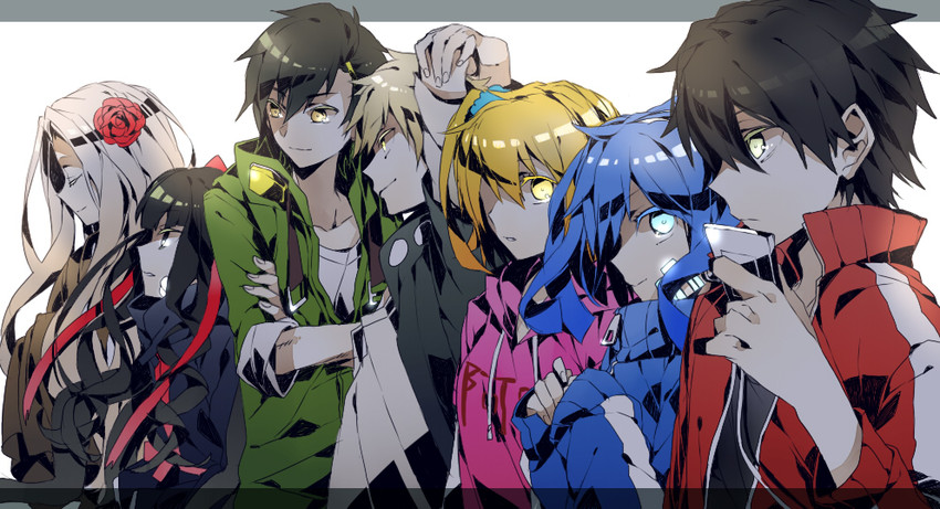 kisaragi shintarou, ene, kano shuuya, seto kousuke, kisaragi momo, and 2 more (kagerou project) drawn by wonoco0916