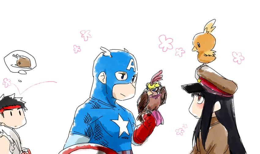 ryu, torchic, captain america, pet shop, and ishima kaigen (pokemon and 7 more) drawn by mo_(wkmdw)