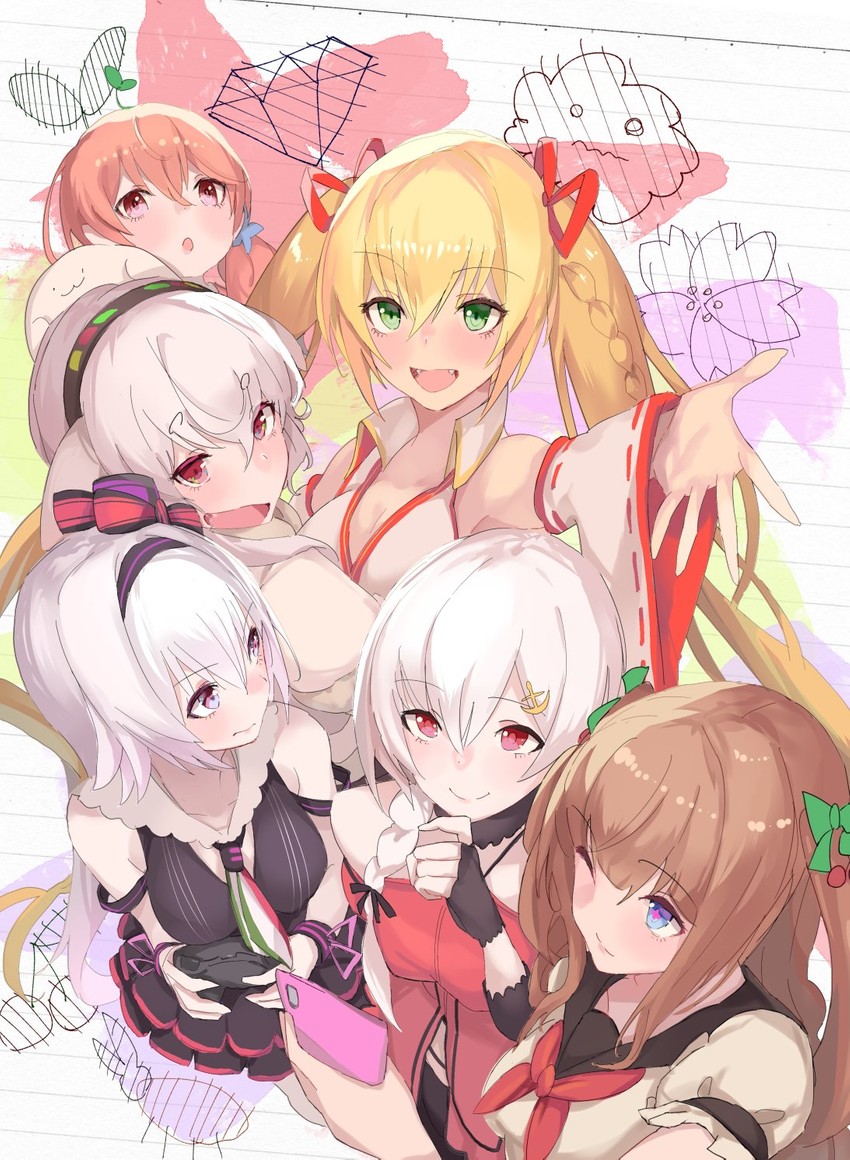 carro pino, kakyouin chieri, kitakami futaba, kongou iroha, mokota mememe, and 1 more (.live) drawn by kanchi_(nikujaga)