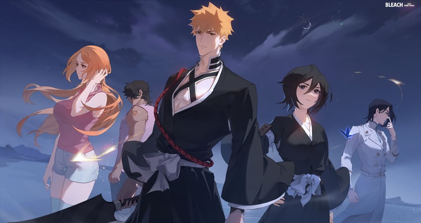 kuchiki rukia, inoue orihime, kurosaki ichigo, ishida uryuu, and sado yasutora (bleach) drawn by zm-panda-