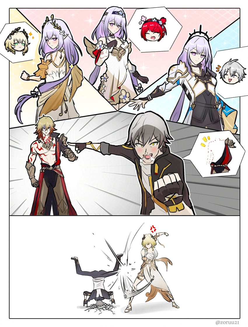 trailblazer, caelus, castorice, phainon, mydei, and 2 more (honkai and 1 more) drawn by zoruu21
