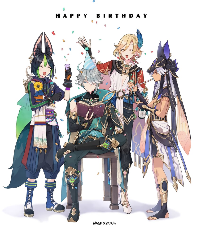 alhaitham, tighnari, kaveh, and cyno (genshin impact) drawn by yugake_(mrnmrm)