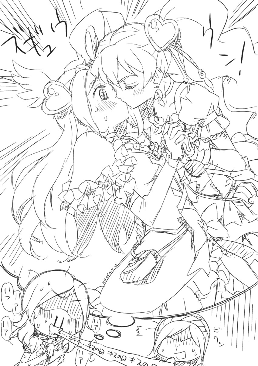 higashi setsuna, momozono love, cure peach, aono miki, and cure passion (precure and 2 more) drawn by isedaichi_ken