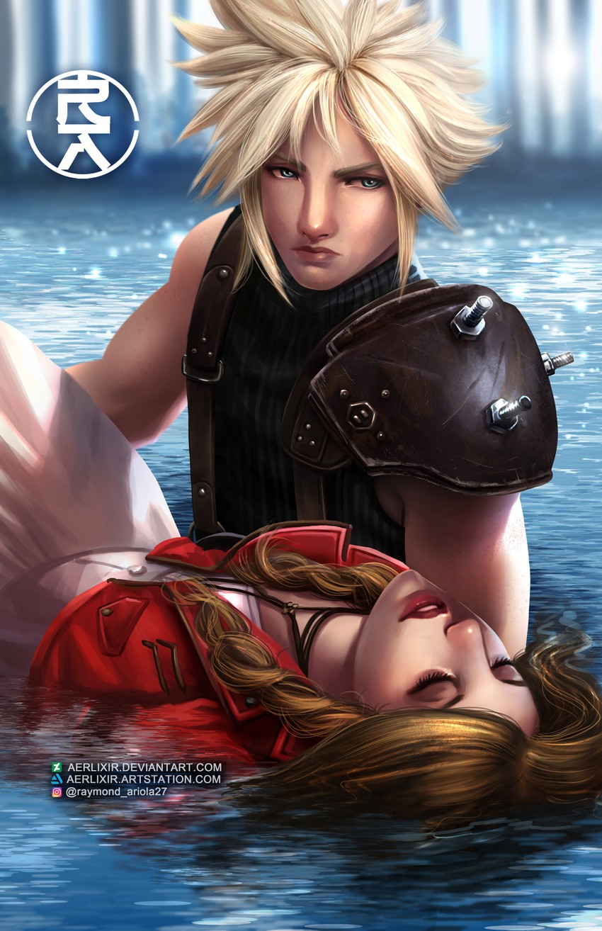 cloud strife and aerith gainsborough (final fantasy and 1 more) drawn by aerlixir