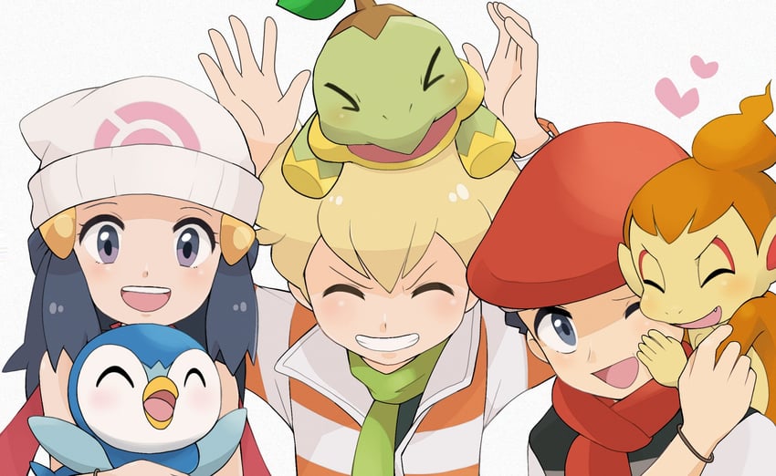 dawn, piplup, lucas, barry, turtwig, and 1 more (pokemon and 1 more) drawn by nakikot_t