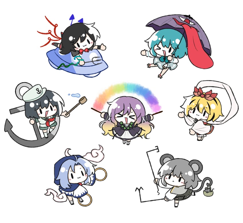 tatara kogasa, nazrin, hijiri byakuren, houjuu nue, toramaru shou, and 2 more (touhou and 1 more) drawn by kirby_(tiokirby)