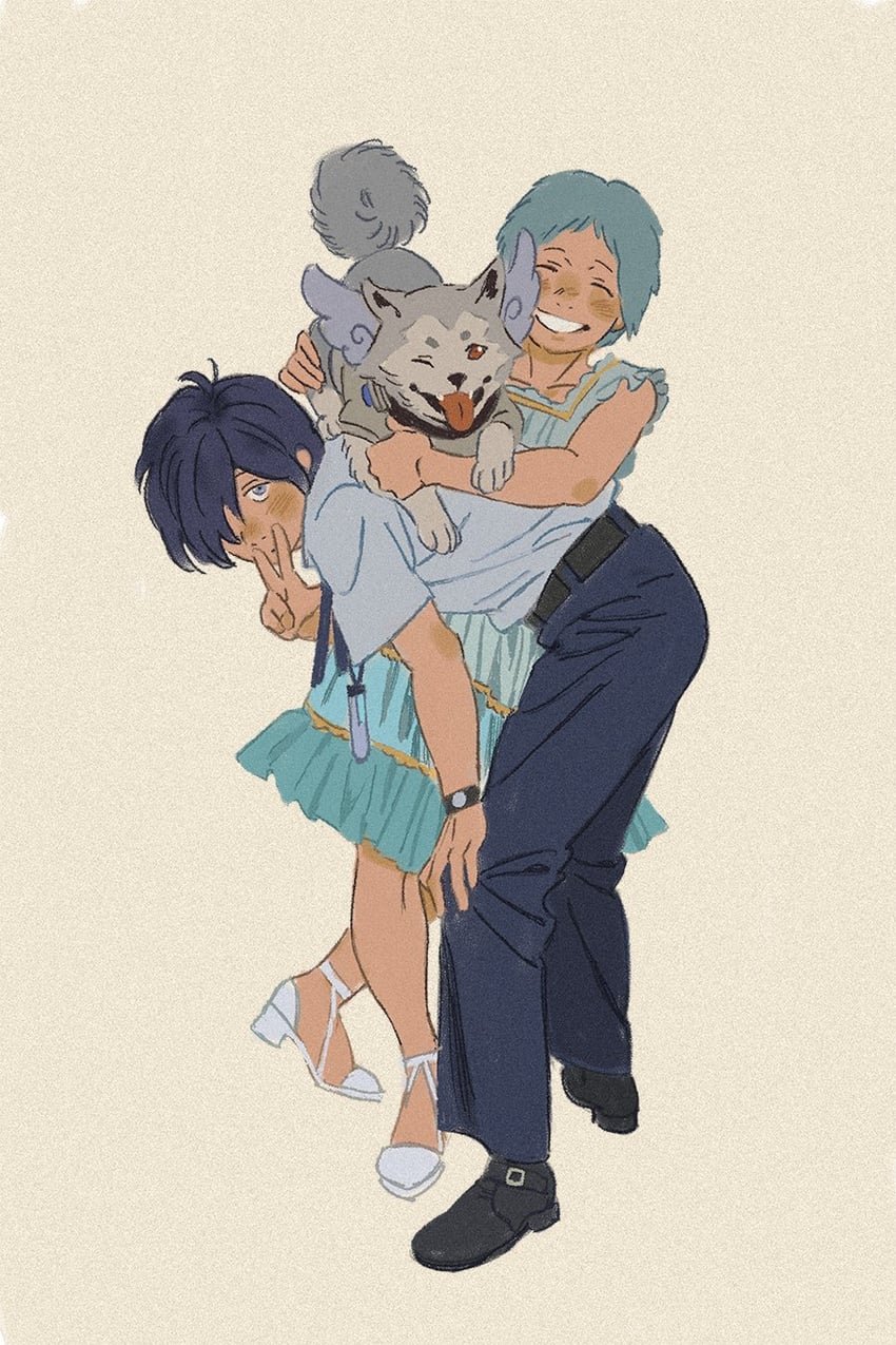 yuuki makoto, yamagishi fuuka, and koromaru (persona and 1 more) drawn by amber389