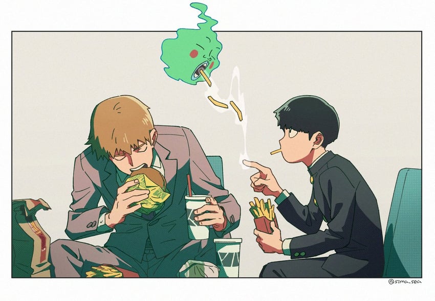 kageyama shigeo, reigen arataka, and ekubo (mob psycho 100) drawn by sima_sea