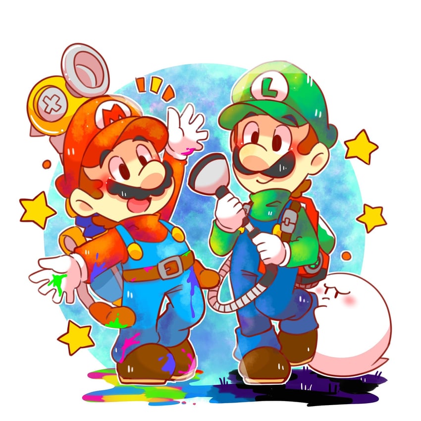 mario, luigi, boo, and f.l.u.d.d. (mario and 3 more) drawn by hiyashimeso