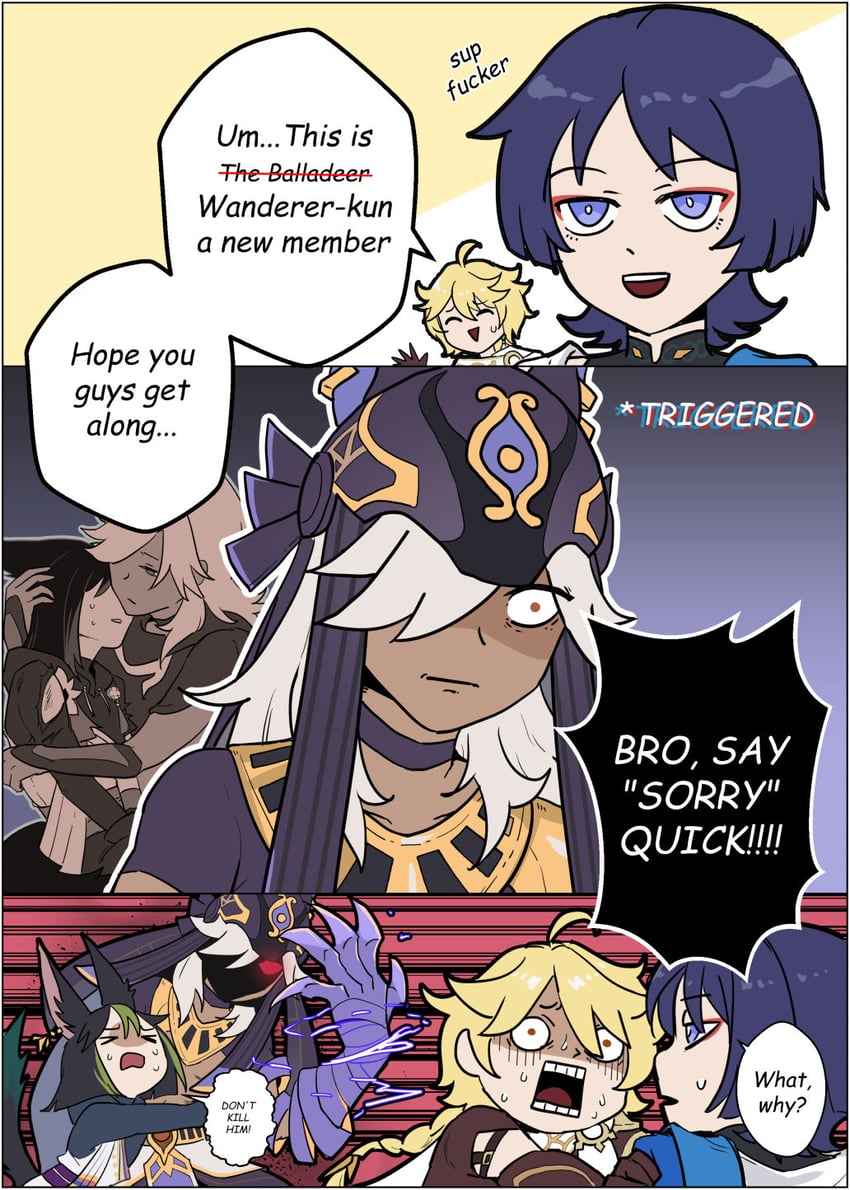 scaramouche, aether, wanderer, tighnari, and cyno (genshin impact) drawn by kochi003s