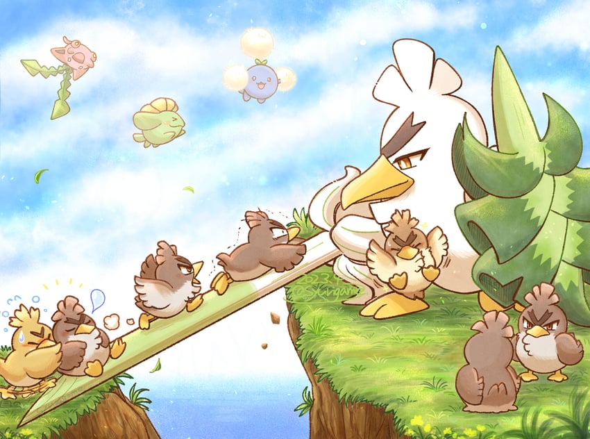 hoppip, sirfetch'd, jumpluff, farfetch'd, skiploom, and 1 more (pokemon) drawn by shuri_(syurigame)