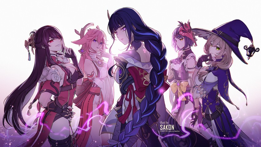 raiden shogun, yae miko, lisa, kujou sara, and beidou (genshin impact) drawn by sakon04
