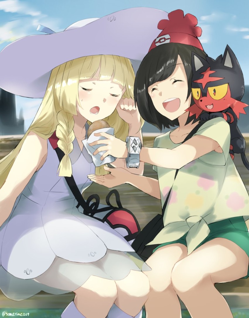 lillie, selene, and litten (pokemon and 1 more) drawn by somechime_(sometime1209)