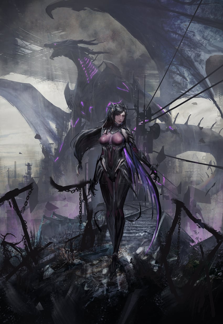 tifa lockhart and bahamut (final fantasy and 2 more) drawn by tokiki_(tomok1)