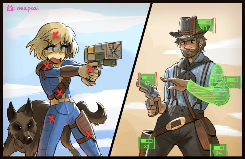 arthur morgan, sole survivor, and dogmeat (fallout and 3 more) drawn by neapozi