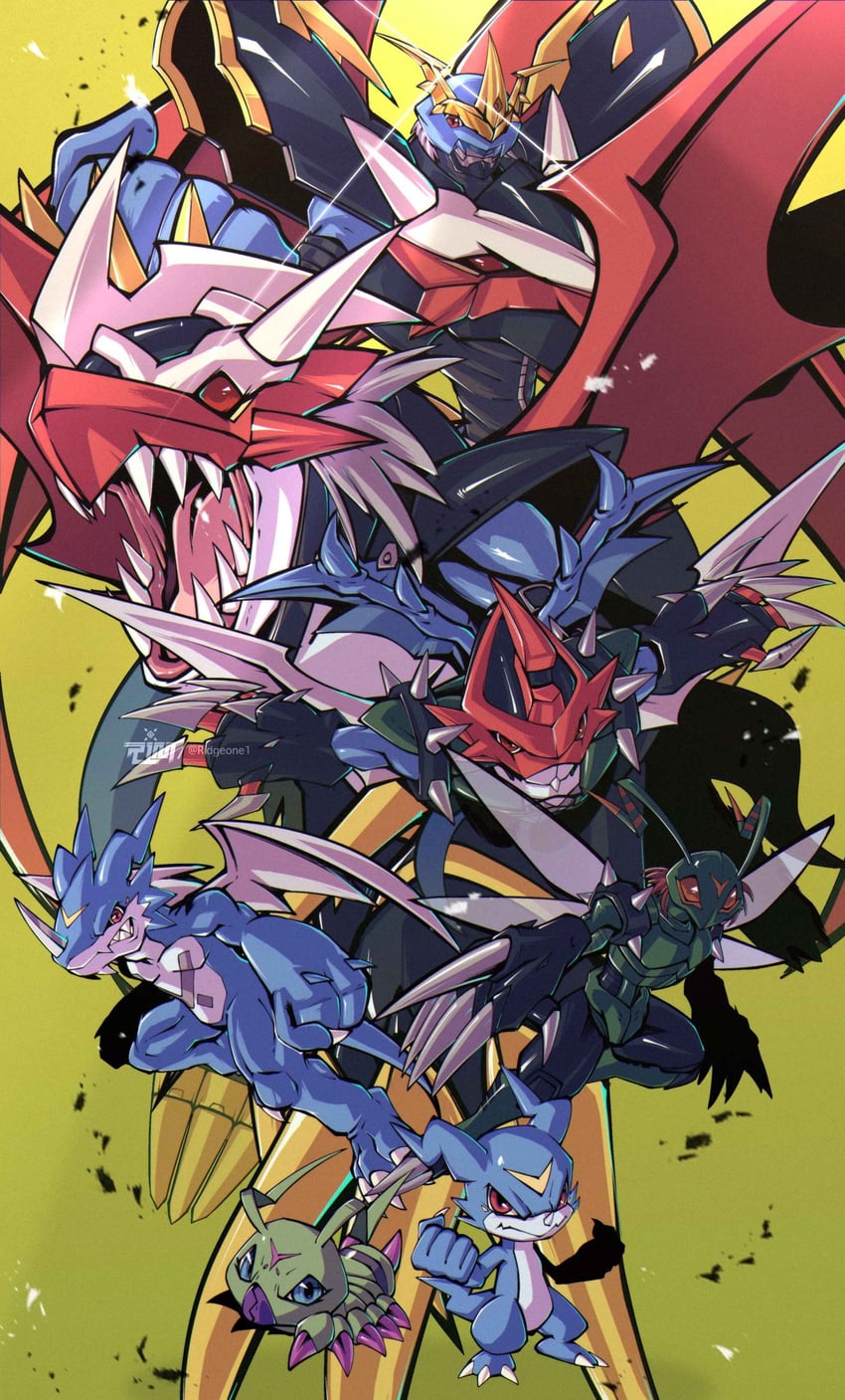 v-mon, wormmon, imperialdramon, paildramon, xv-mon, and 3 more (digimon) drawn by ridgeone