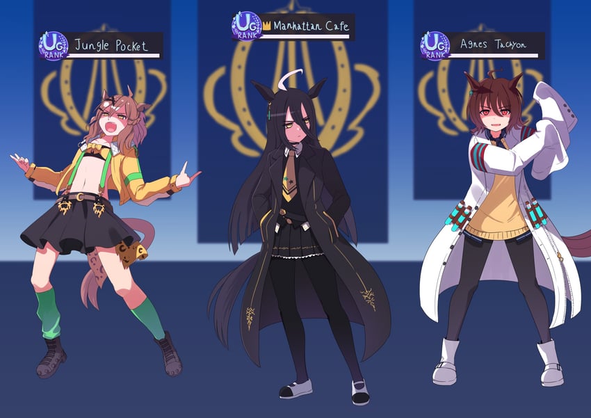 agnes tachyon, manhattan cafe, jungle pocket, crypto, octane, and 1 more (umamusume and 1 more) drawn by coralreef966