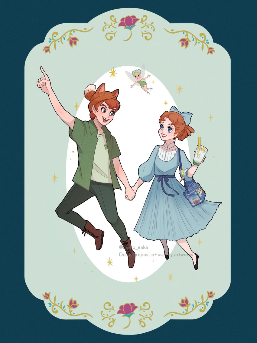 tinker bell, peter pan, and wendy darling (walt disney's peter pan) drawn by moko_eaka