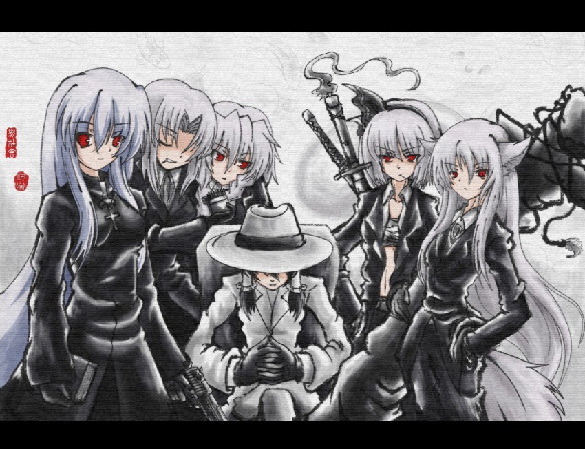 hakurei reimu, izayoi sakuya, konpaku youmu, inubashiri momiji, kamishirasawa keine, and 1 more (touhou) drawn by auer