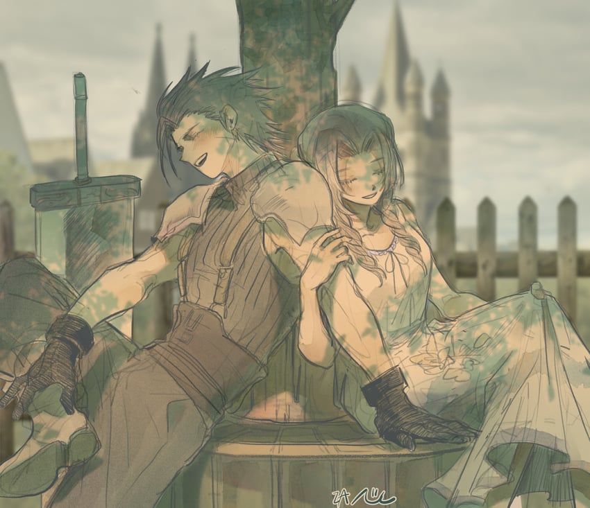 aerith gainsborough and zack fair (final fantasy and 2 more) drawn by nul