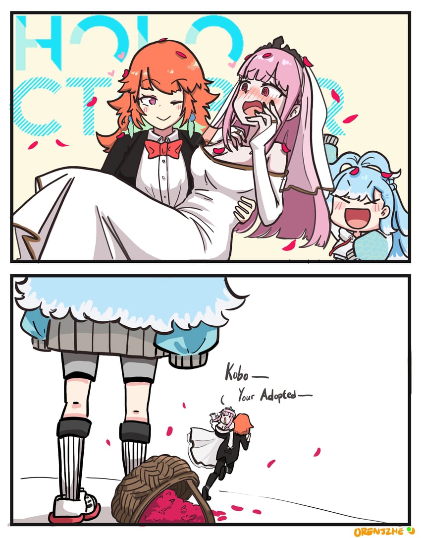 mori calliope, takanashi kiara, and kobo kanaeru (hololive and 2 more) drawn by orangejuicezhe