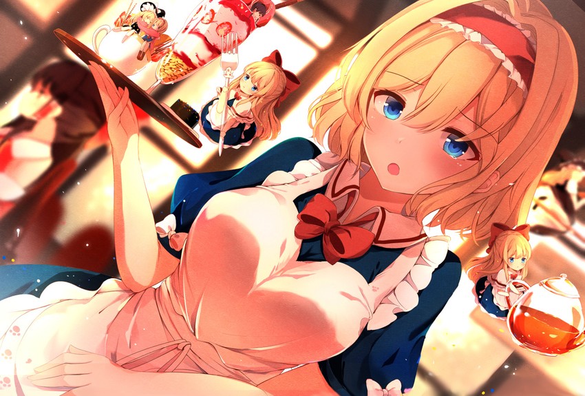 hakurei reimu, kirisame marisa, alice margatroid, and shanghai doll (touhou) drawn by shangurira