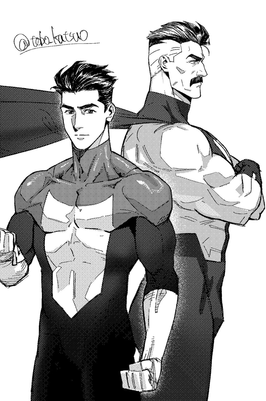 omni-man, nolan grayson, mark grayson, and invincible (invincible) drawn by tobo_katsuo