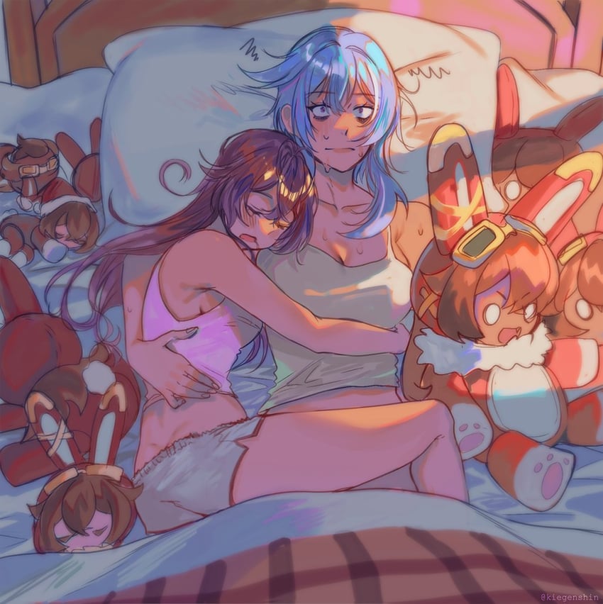 eula, amber, and baron bunny (genshin impact) drawn by kiegenshin