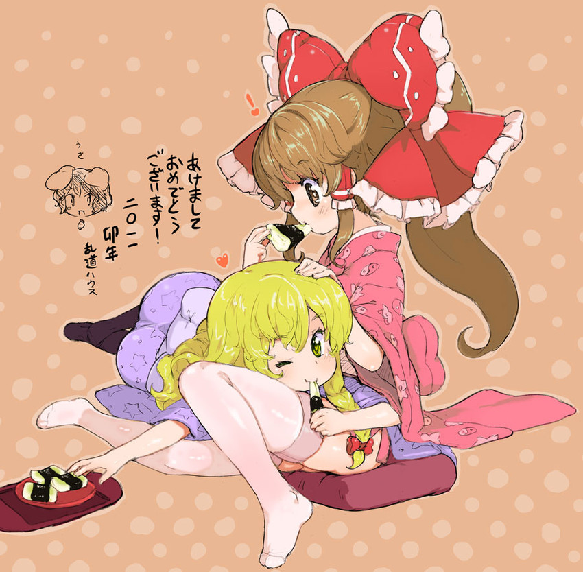 hakurei reimu, kirisame marisa, and inaba tewi (touhou) drawn by randou
